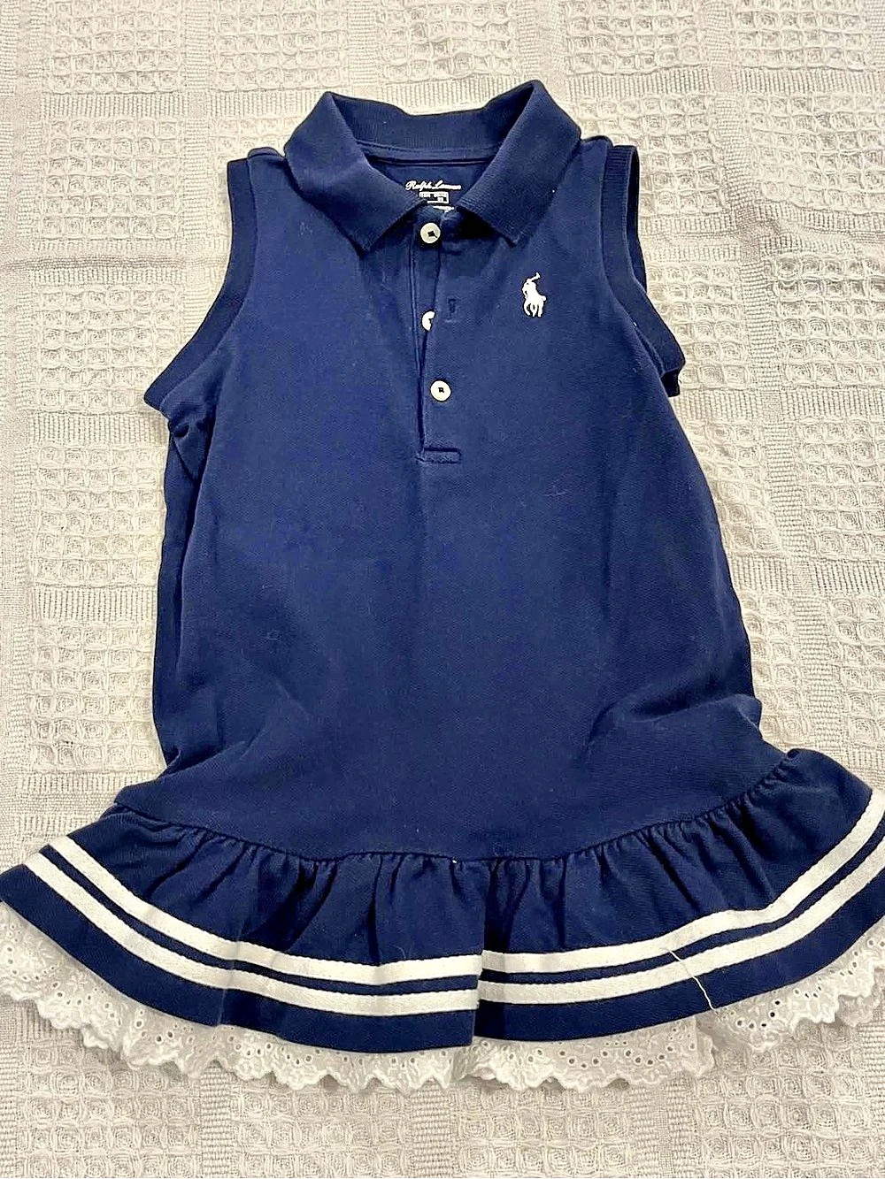 Ralph Lauren Eyelet Cotton Mesh Polo Dress & Bloomer Girls 18Months Old, Blue